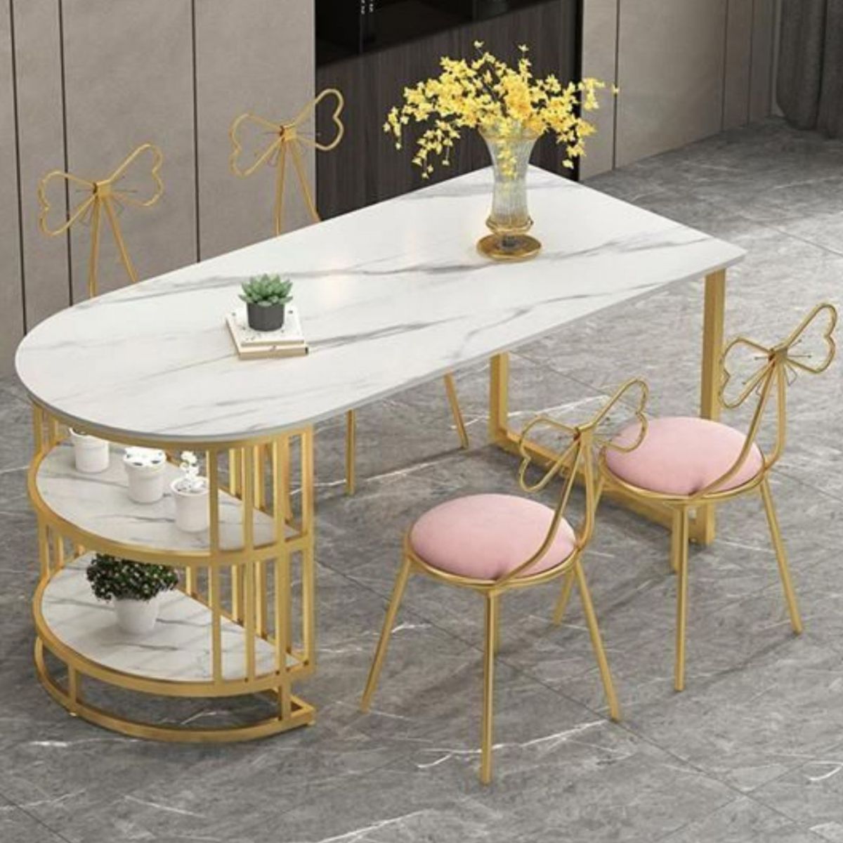 White Stone Top Dinner Room Kitchen Table Modern Metal Base Dinner Table