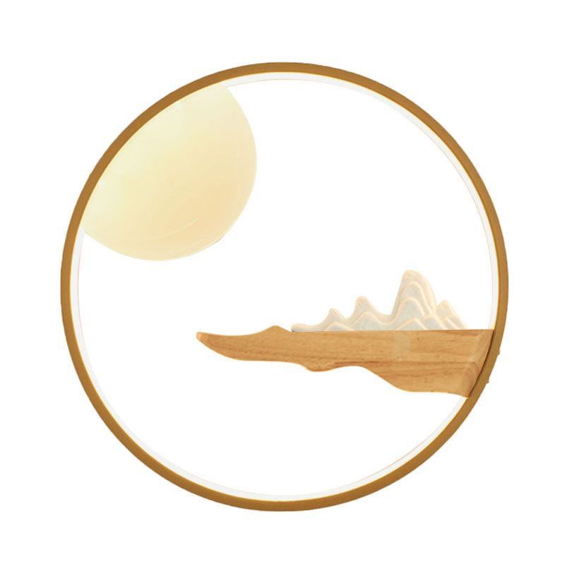 Mountain and Full Moon Wall Mural Light Asia Wooden Black/Beige LED Sconce Lighting for Hotel