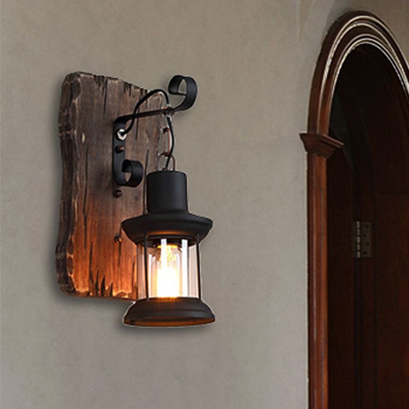 Black One Light Sconce Light Rustic Clear Glass Caged Lighting Fixture with Wooden Backplate