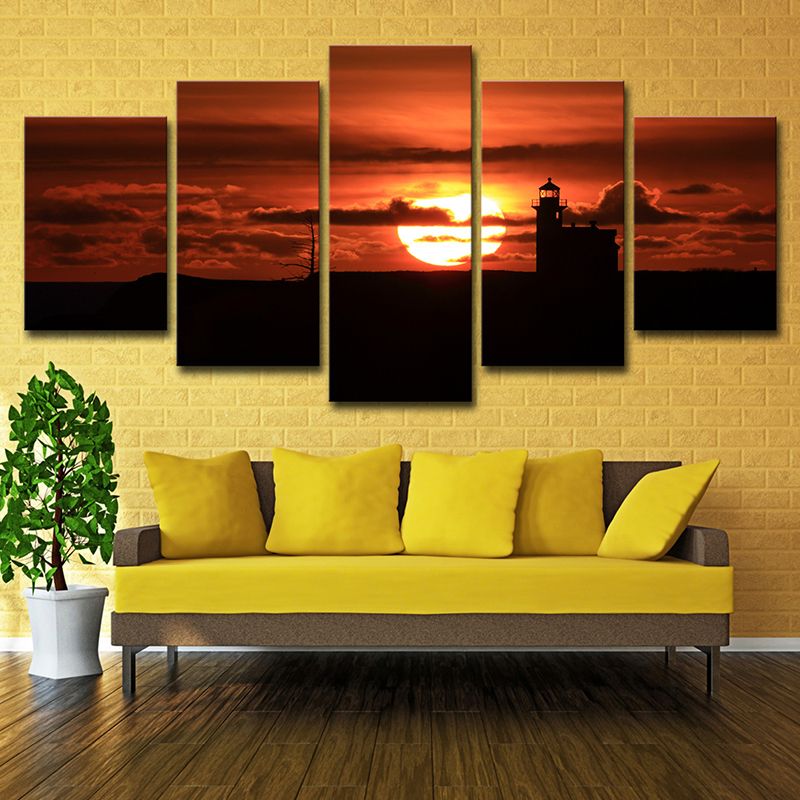 Modern Canvas Wall Art in Red Big Sunset Behind the Cloud Wall Decor for Living Room