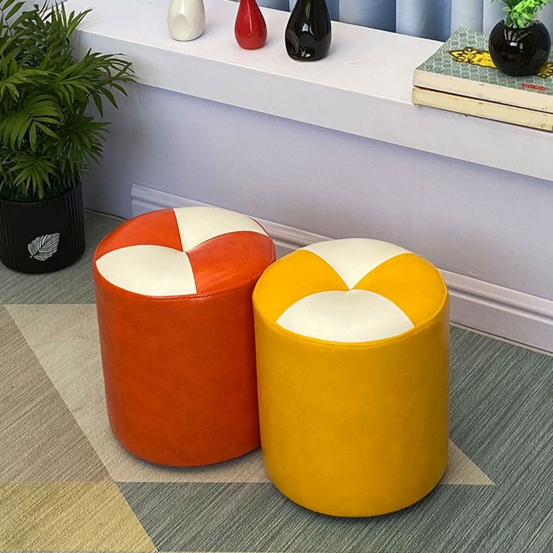 Color Block Pouf Cylinder Shape Faux Leather Contemporary Stain Resistant Pouf