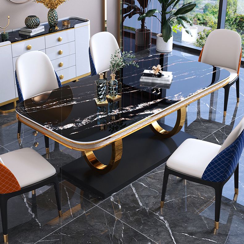 Mesa de comedor de piedra sinterizada de lujo, mesa rectangular con pedestal de metal dorado
