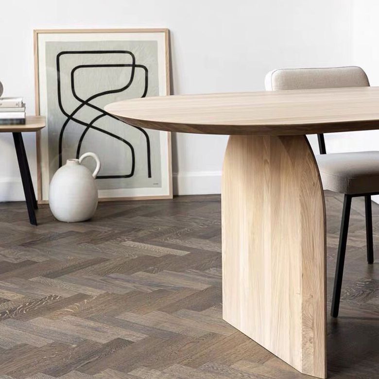 Oval Shape Double Pedestal Modern Dining Table Wood Color Fixed Table of Solid Wood