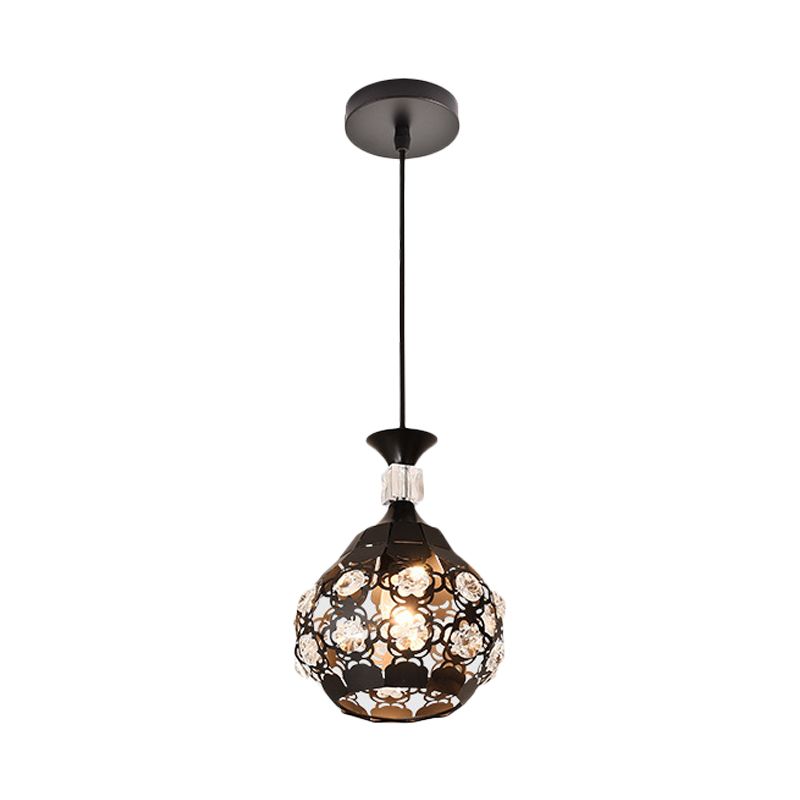Hollow Out Flower Iron Suspension Light Modern 1-Head Black Finish Pendulum Lamp with Crystal Accent