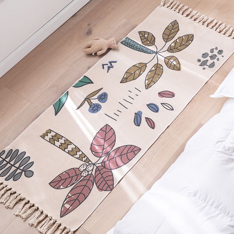 Modern Plant Printed Rug Multi-Colored Jute Area Carpet Easy Care Pet Friendly Stain-Resistant Indoor Rug with Tassel for Bedroom