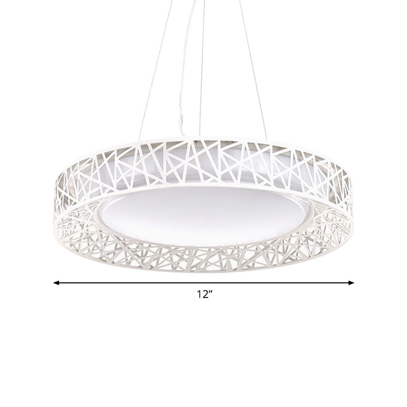 Drum Hanging Pendant Light Nordic Metal LED White Ceiling Light with Hollow Design in White/Warm/Natural Light, 12"/15"/19" Wide