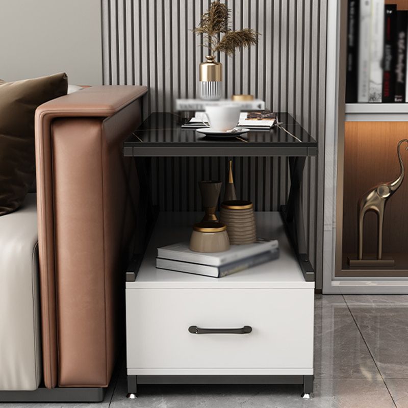 Block Base Design Cocktail Table Tempered Glass Desktop Rectangular Metal Coffee Table