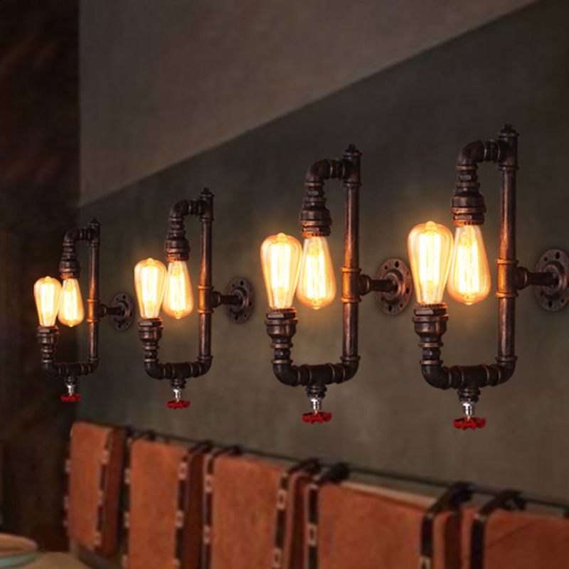 Iron Water Pipe Wall Light Retro 2 Bulbs Restaurant Wall Lighting Fixture with Valve Handle in Rust