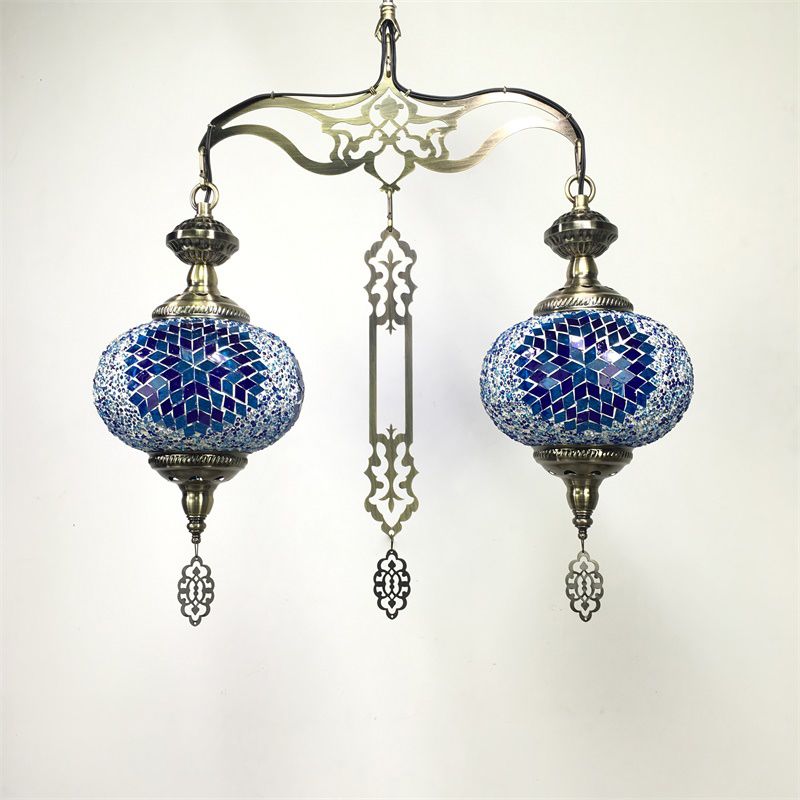Global Chandelier Lamp Traditional 2 Heads Red/Blue Glass Ceiling Pendant Light for Hallway