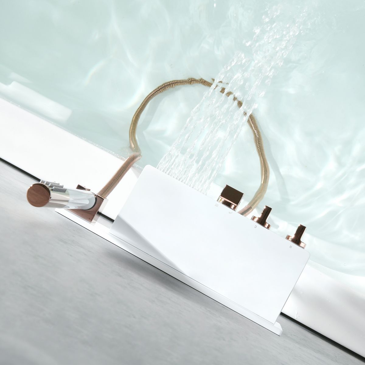 Wall Mount Tub Filler Modern Brass Triple Knob Handle Waterfall Tub Filler with Handshower