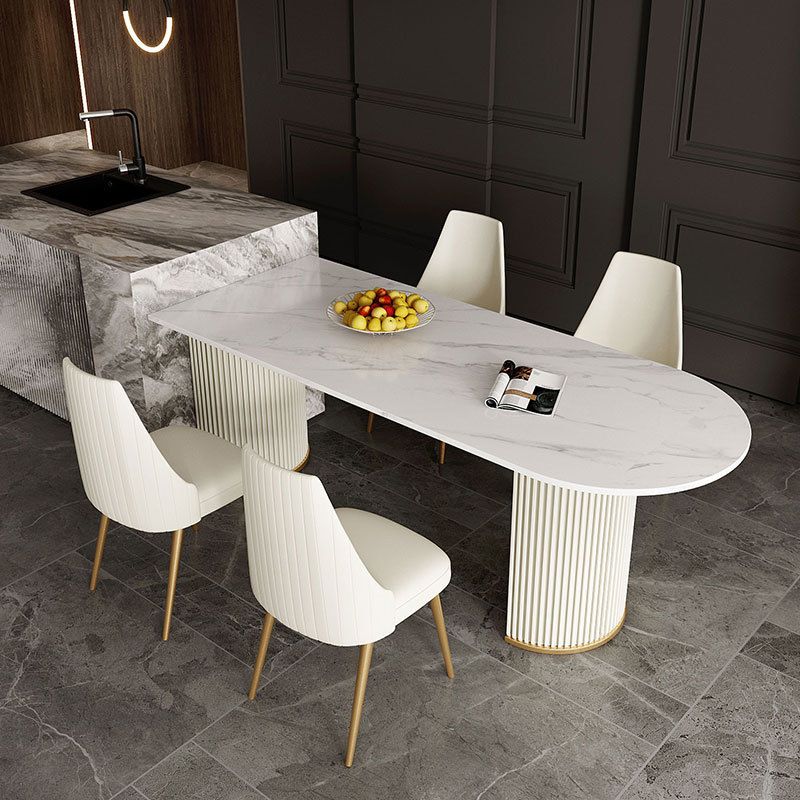 Traditional Luxury Dining Table White Sintered Stone Double Pedestal Table for Kitchen