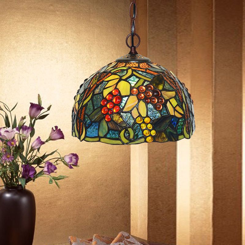 8"/12" W Dome Green Stained Glass Hanging Light Mediterranean 1 Light Bronze Down Lighting Pendant