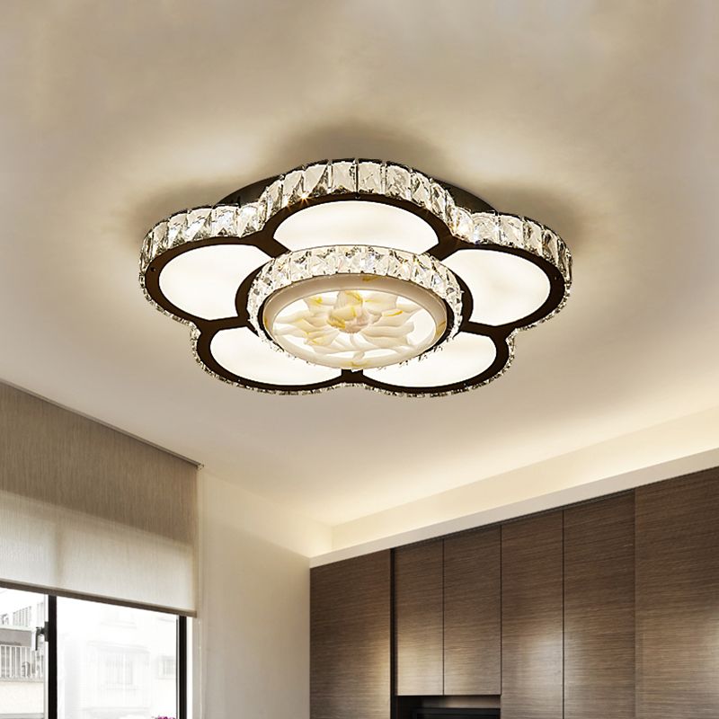 Simple LED Semi Flush Mount Light Chrome Flower Ceiling Lamp with Beveled Crystal Shade