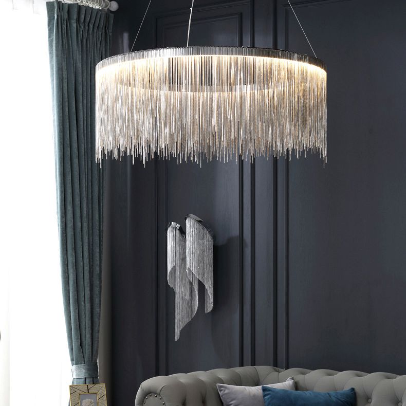 Silver Round Pendant Pildal Metal Chain Shade Chandelier Light pour salle à manger
