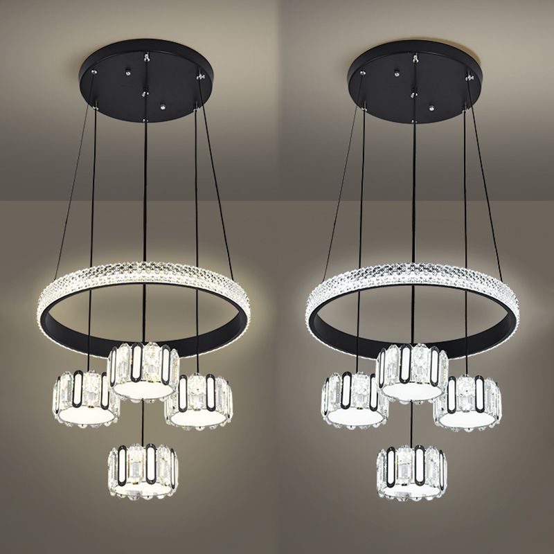 Ciondolo a cluster circolare nero moderno lampada a sospensione a LED a 5 luci a 5 luci per sala da pranzo