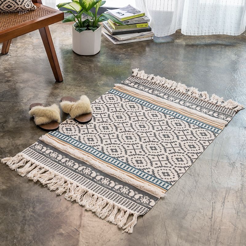 Boho-Chic Geometric Print Carpet Cotton Indoor Rug Fringe Pet Friendly Rug for Home Decoration