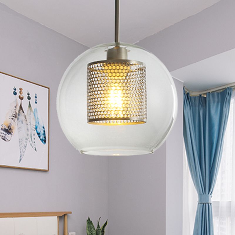 Simple Orb Shade Pendant Light with Cylinder Mesh Screen 1 Light Glass Hanging Lamp for Hallway