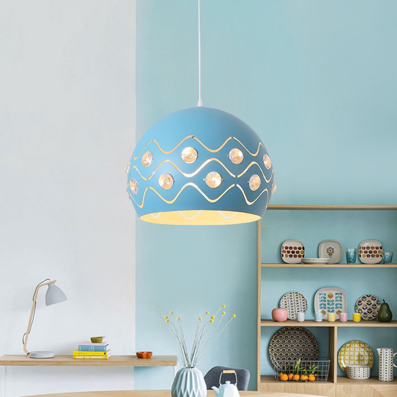 Cutouts Dome Shade Drop Pendant Macaron Iron 1-Light Pink/Blue/Green Suspension Lamp with Embedded Crystal Decor