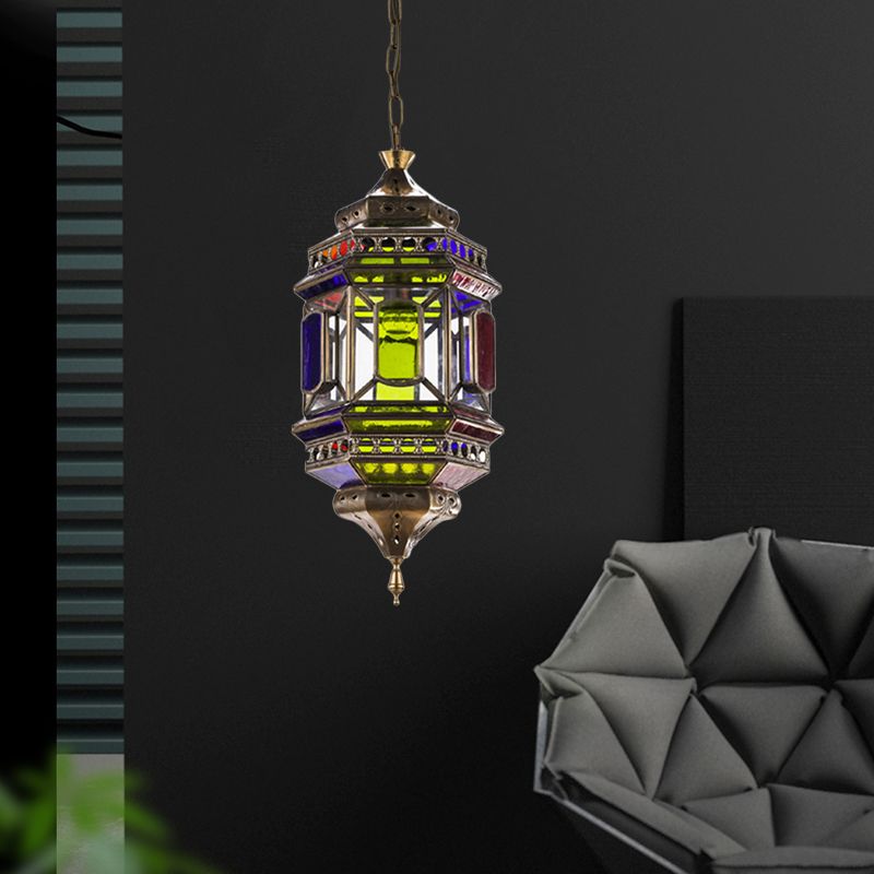3-Bulb Hanging Lighting Art Deco Castle Shape Colorful Glass Chandelier Pendant Lamp in Brass