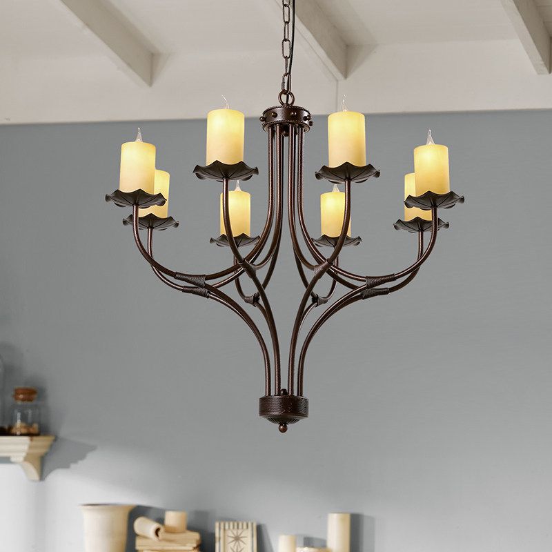 8 Lights Yellow Glass Hanging Chandelier Country Bronze Candle Shaped Living Room Pendant Light Fixture