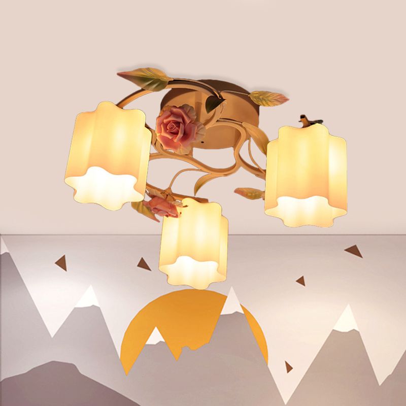 Plafond floral de 3/5 à tête rinçage romantique pastoral blanc / jaune en verre givré semi à chasse d'eau lustre