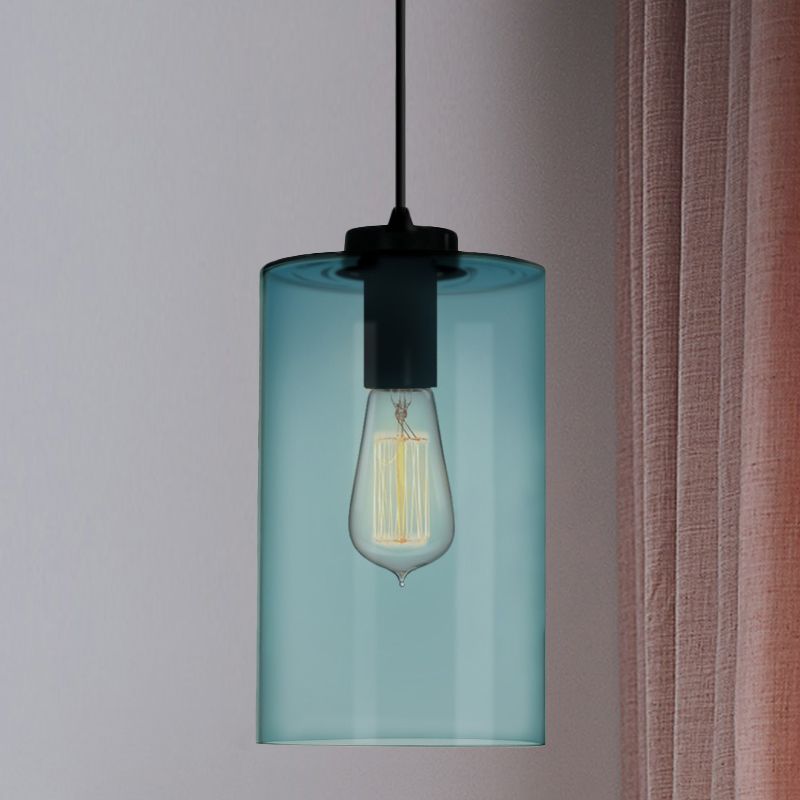 Contemporary 1 Light Pendant Lamp with Blue Glass Shade Black Global/Dome/Barrel Shape Ceiling Pendant Light