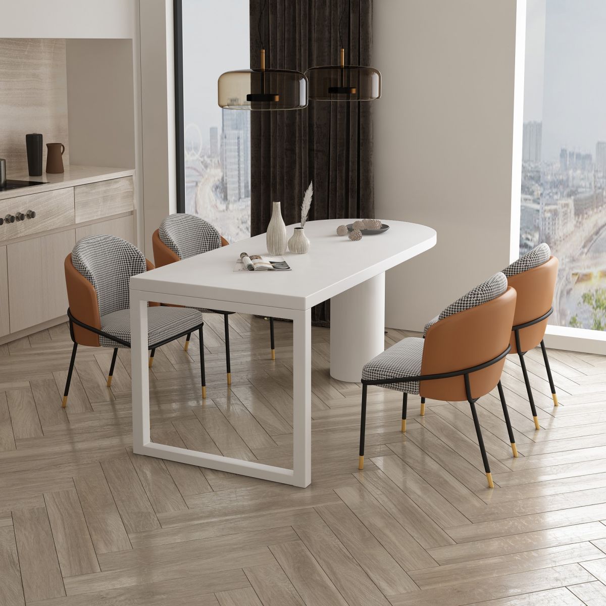 Modern Style Dining Table White Home Use Dining Table with Double Pedestal Base