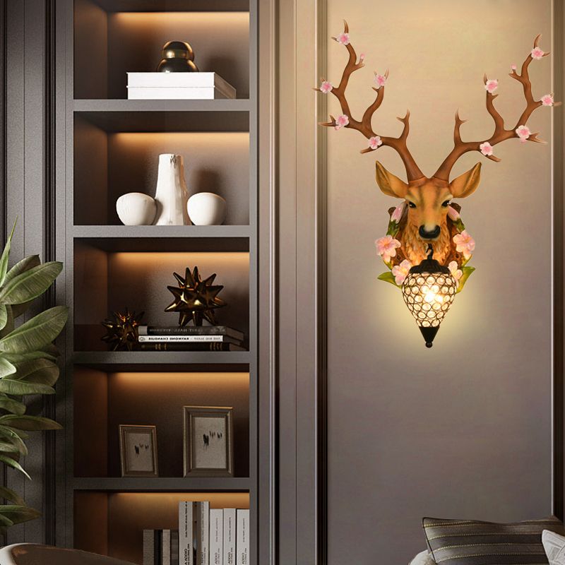 White/Yellow 1 Light 16.5"/23" W Sconce Light Traditional Resin Deer Wall Lighting Fixture with Teardrop Crystal Shade