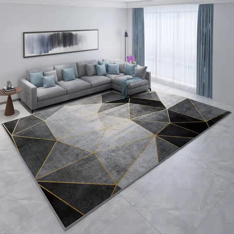 Grey Tone Geometric Splicing Rug Polyester Carpet Casual Non-Slip Backing Indoor Rug for Living Room
