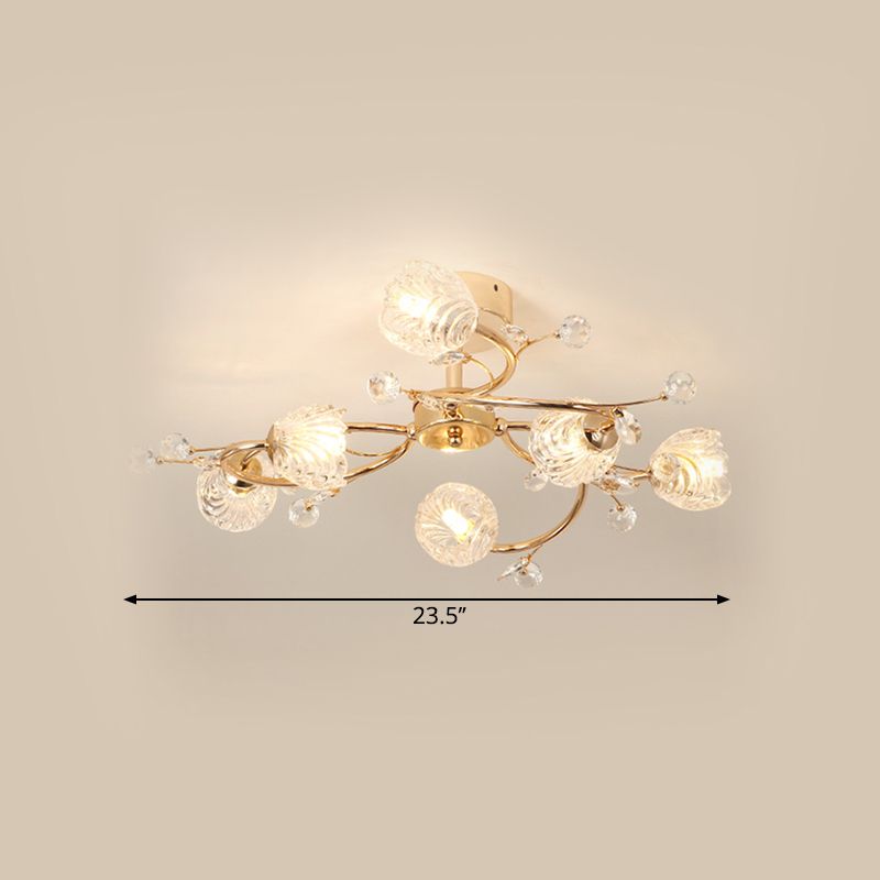 6-Head Bedroom Semi Flush Light Fixture Minimalism Gold Ceiling Lighting with Bloom Clear Crystal Shade