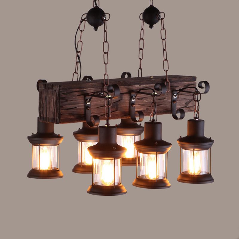 Rectangular Shape Pendant Light Modern Style Wood 6 Lights Hanging Lamp in Brown