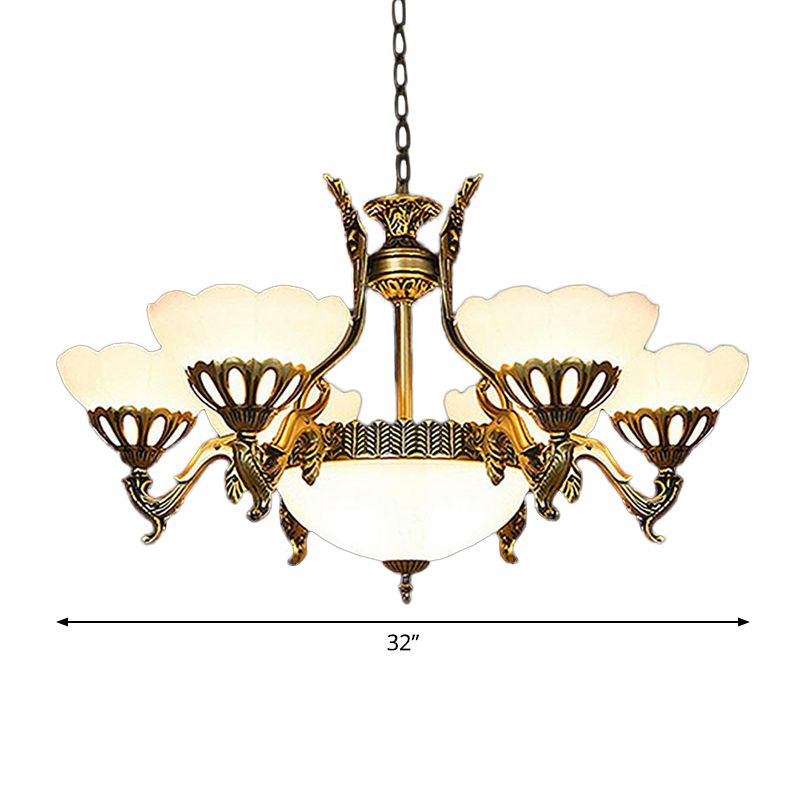 Geschulpte woonkamer plafond hanger Traditioneel wit glas 9-head koper afwerking kroonluchter
