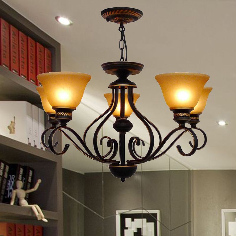 5 Lights Beige Frosted Glass Hanging Chandelier Traditional Black Bell Corridor Pendant Light Fixture