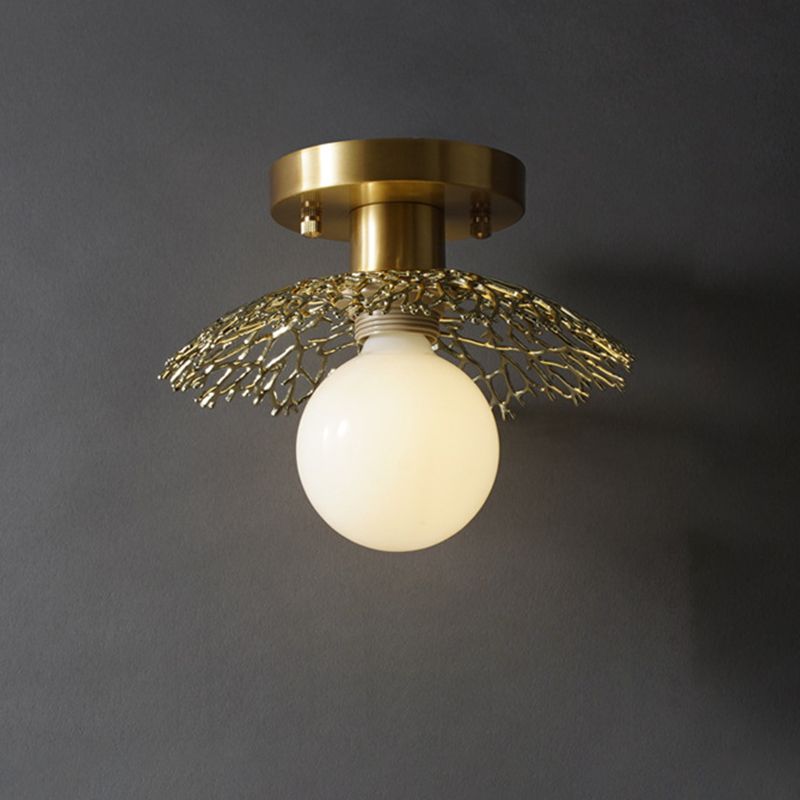 Cottage Cage Design Flush Lamp Single Head Metallic Semi Flush Ceiling Light in Brass
