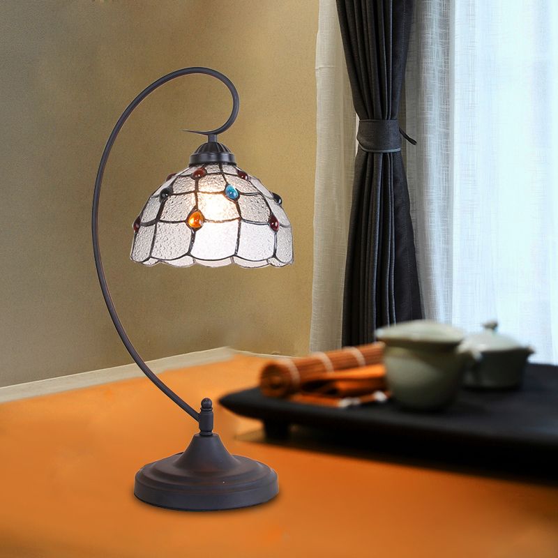 Beige/White and Silver Glass Black Night Lamp Lattice Bowl 1 Head Victorian Nightstand Light with Curvy Arm