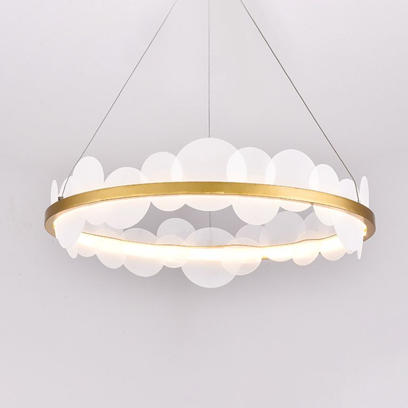 Mid Century Loop Metal Chandelier LED Pendant Ceiling Light in Gold with Acrylic Bubble Flakes Decor
