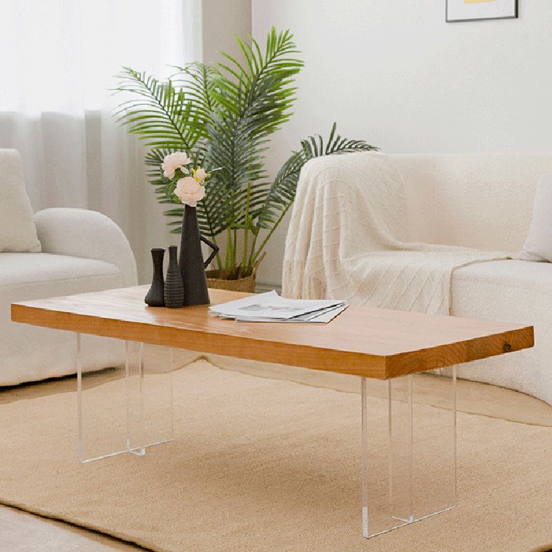 Scandinavian Rectangular Wood Coffee Table 15.7" H Acrylic Legs Cocktail Table