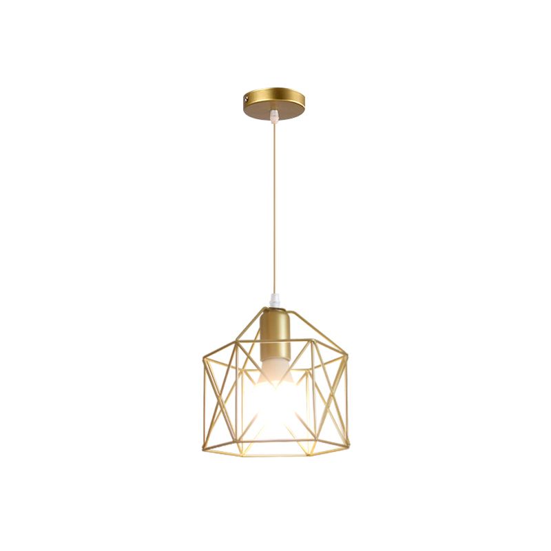 1 Bulb Metal Pendant Light Loft Style Gold Finish Globe/Hexagon Cage Shade Dining Room Hanging Lamp