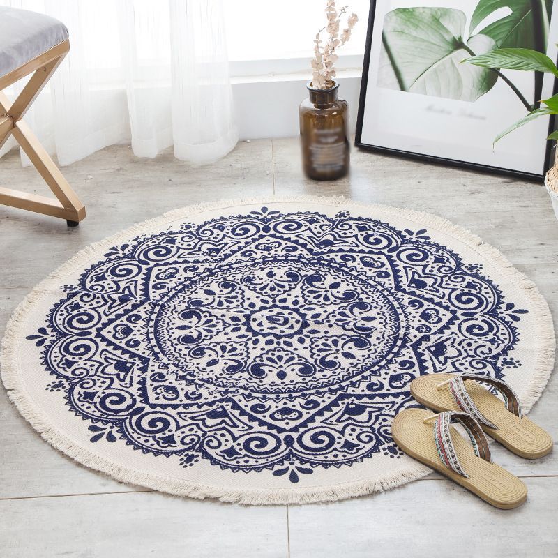 White Southwestern Rug Linen Floral and Concentric Circles Pattern Rug Washable Carpet for Living Room