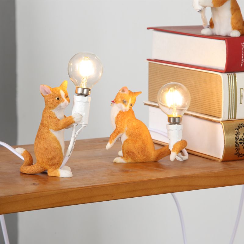 Tabby Cat Holder Table Lamp Kids Iron 1 Bulb Black/Yellow/Blue Nightstand Light with Bare Bulb Design