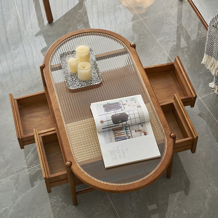 Modern Oval Glass Top Coffee Table with Shelf and 4 Drawers Cocktail Table