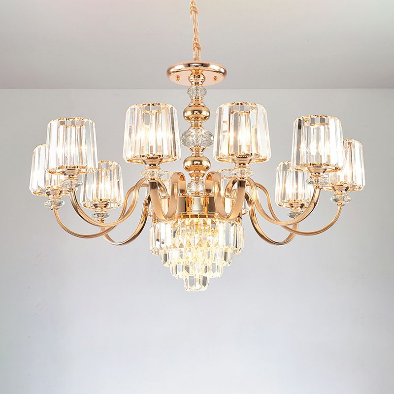 Crystal Block Chandelier Lighting Transitional Rose Gold Cylinder Parlor Pendant Light