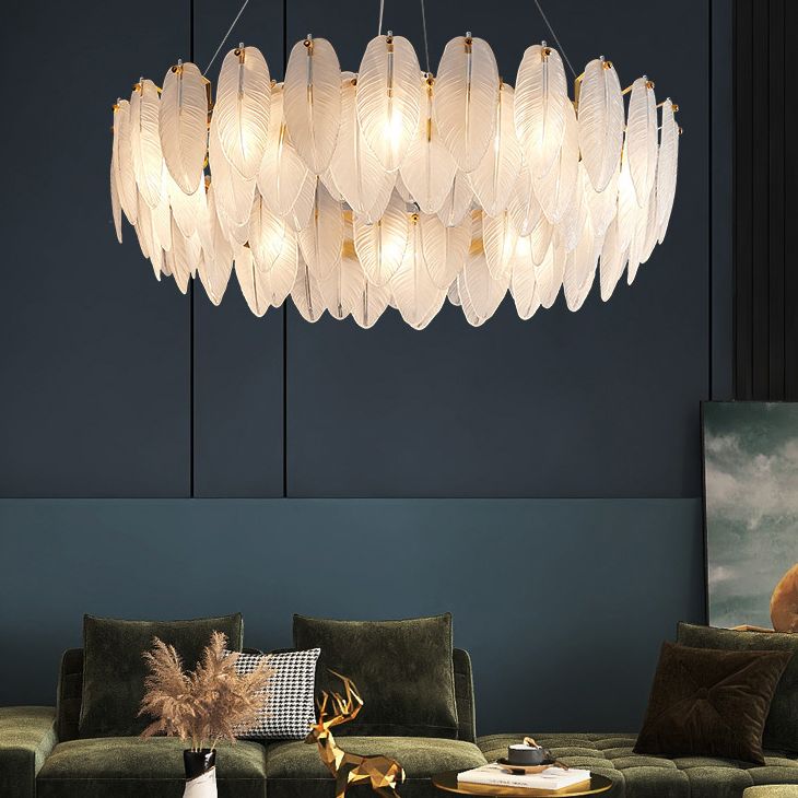 Gestructureerde witte glas veer kroonluchter minimalisme veringverlichting voor slaapkamer