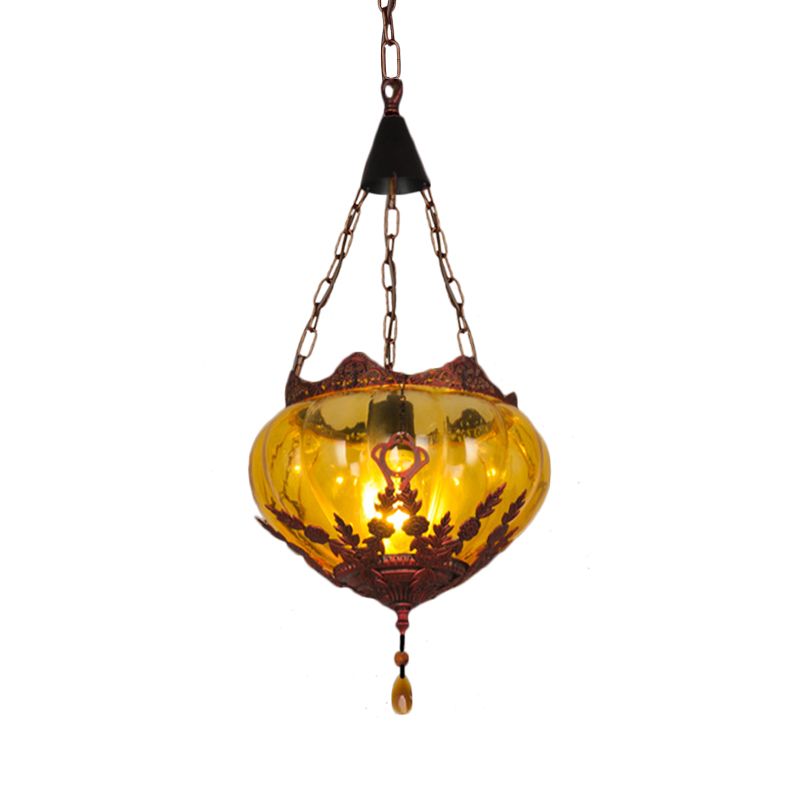 Lantern Restaurant Ceiling Light Country Style Amber Glass 1 Light Rust Pendant Lamp