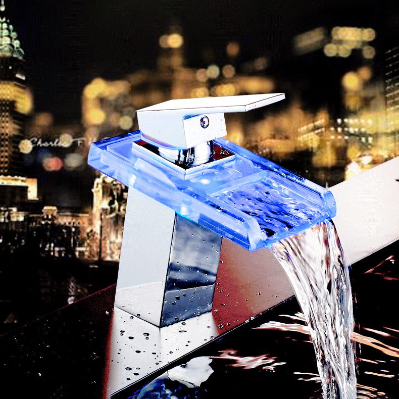 Bathroom LED Faucet Light Lever Handle Waterfall Spout Faucet