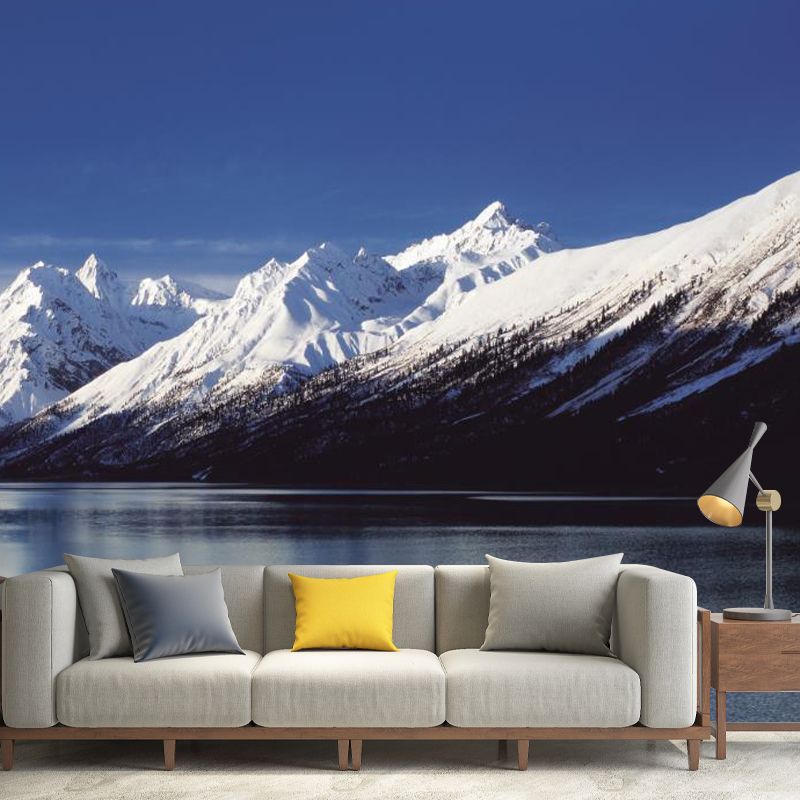 Tranquil Lake Landscape Wall Mural for Home Snowy Mountain Wall Art, Customized Size