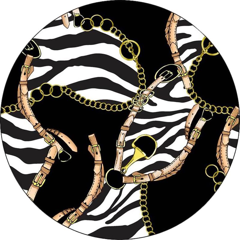 Modern Living Room Rug in Black Zebra Stripe Belt Chain Print Rug Polyester Washable Anti-Slip Area Rug