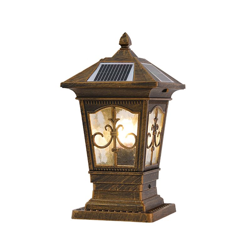 1-Light Pillar Lamp Aluminum Solar Lighting Fixture with Glass Shade for Garden