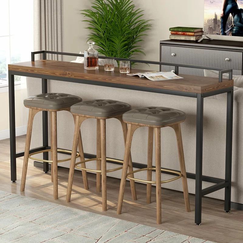 Modern 41.3"H Bar Table Black Iron Solid Wood Pub Table for Living Room