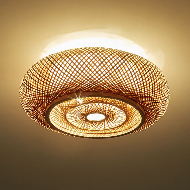 Round Flush Mount Light Fixture Asia Bamboo Bedroom Ceiling Lighting in Beige